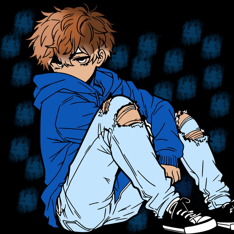a male hoddie ripped jeans messy hair anime