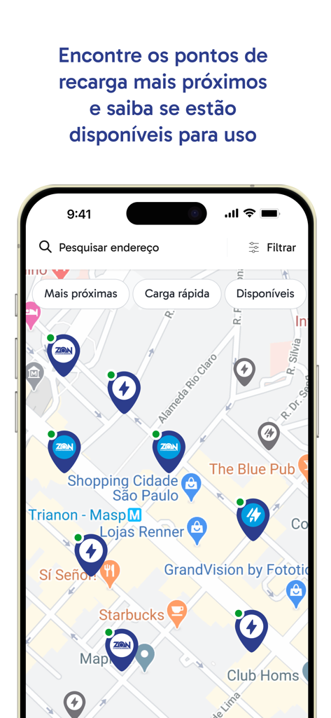 ZON Charge - ZON Charge 앱 지도 인터페이스에 실시간 이용 가능한 전기차 충전소 표시