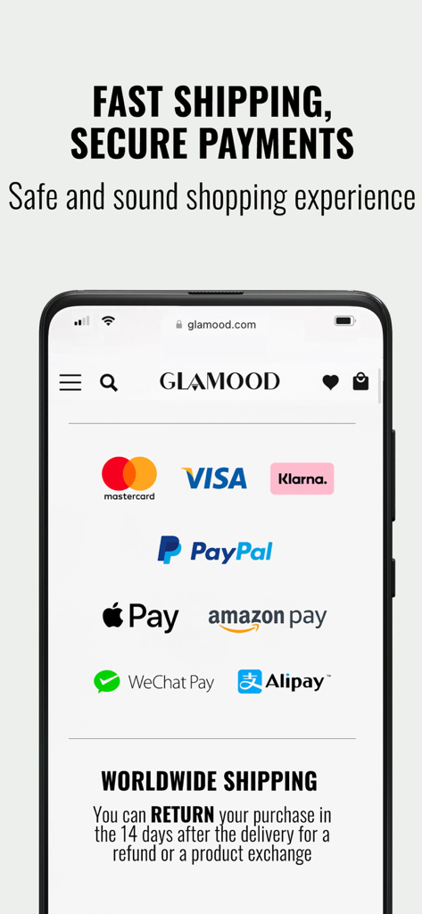 Glamood - Glamood app screen showing secure payment methods like Apple Pay and PayPal with worldwide shipping information