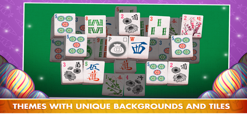 Shanghai Mahjong solitaire game showing an Easter theme with colorful eggs and large tiles on a green background.