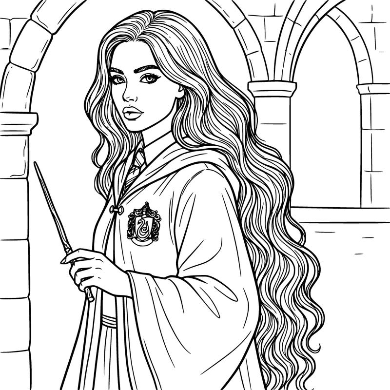 long hip length curly hair, plump lips slim body slytherin robes wand in hand