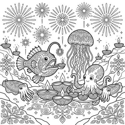 Immerse yourself in an extraordinary underwater Diwali festival with this captivating coloring page. Watch as mysterious deep-sea creatures like the anglerfish, octopus, jellyfish, and cuttlefish celebrate amidst beautiful diyas and intricate rangoli patterns.