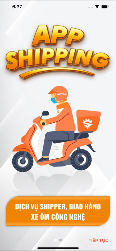 App Shipping welcome screen featuring an illustration of a delivery person on an orange scooter and Vietnamese text.