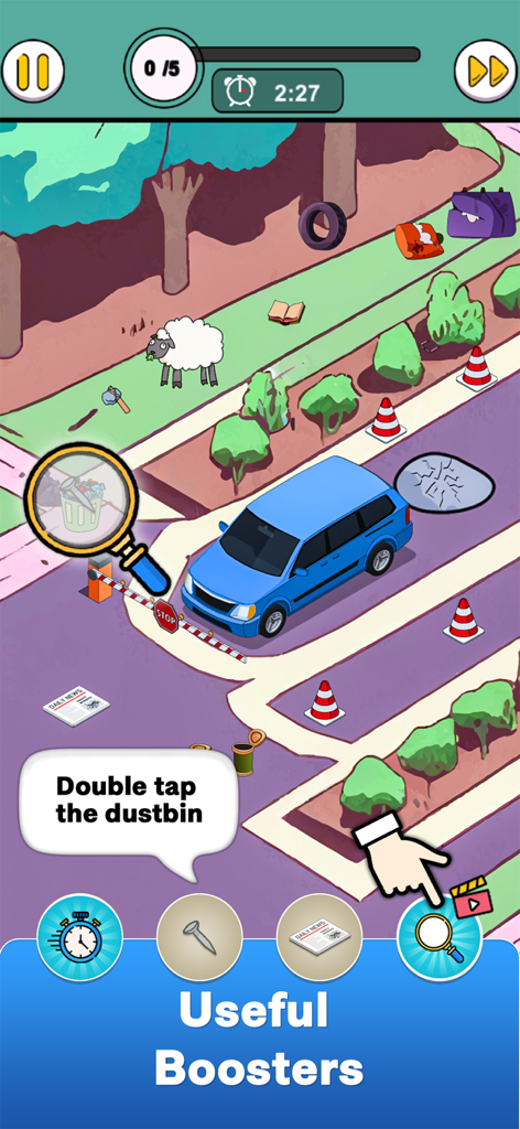 Una vibrante pantalla de juego de búsqueda del tesoro de Find it Out que muestra un SUV azul y un menú de potenciadores útiles como lupas y temporizadores.