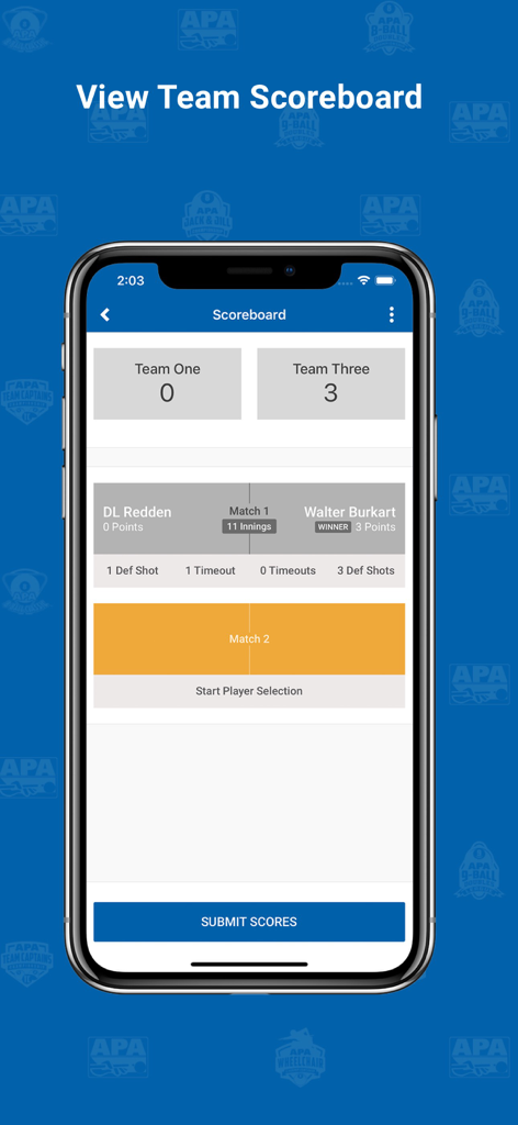APA Scorekeeper - APA Scorekeeper mobile app interface showing match results and team scoreboard