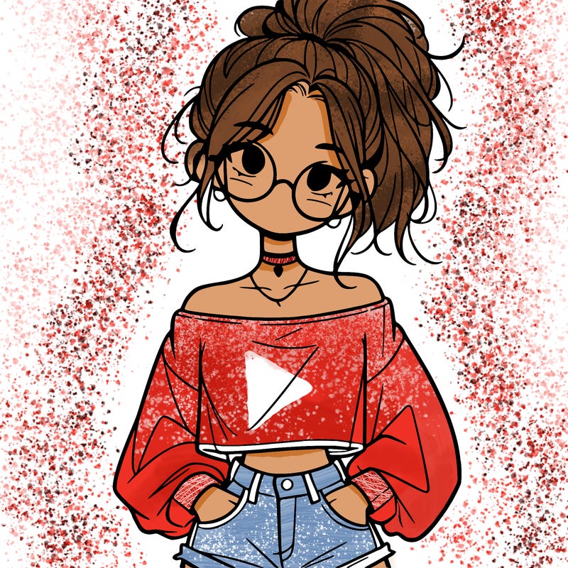 girl with a messy ponytail glasses a baggy crop top and jean shorts