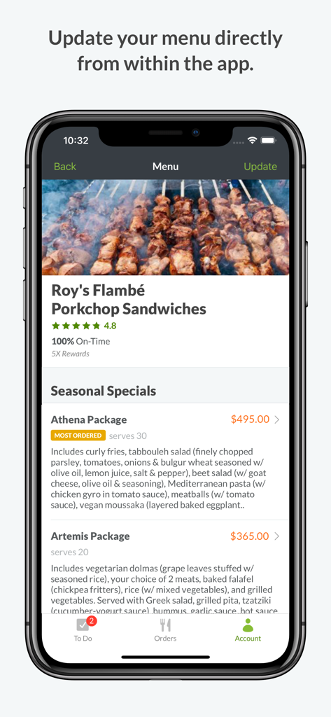 Interface da aplicação ezManage mostrando atualizações de menu de catering e pacotes de comida sazonais