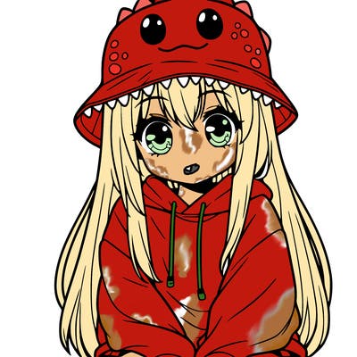 girl with anime shaped eyes with a dinosaur bucket hat oversized sweatshirt long straight hair