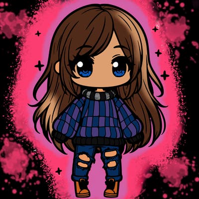 chibi girl with ripped jeans,long hair, and an oversized sweater