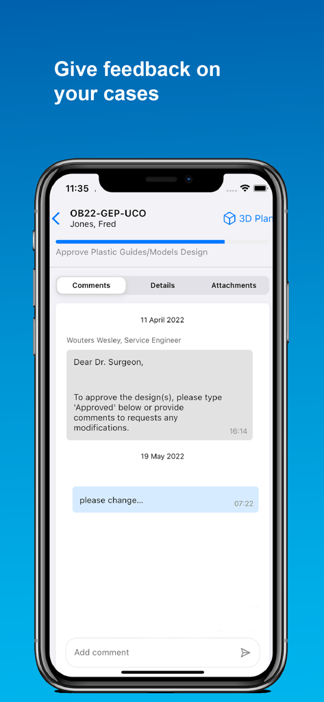 Mimics Flow - Interface do aplicativo Mimics Flow mostrando um sistema de feedback baseado em chat para aprovação de design de caso cirúrgico