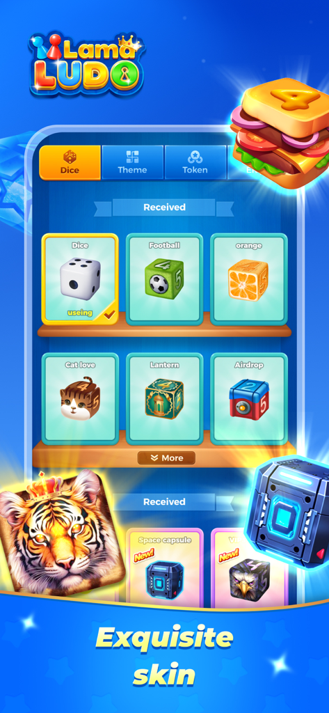 A menu in LamaLudo displaying various creative dice skins like a football, an orange, and a cat.