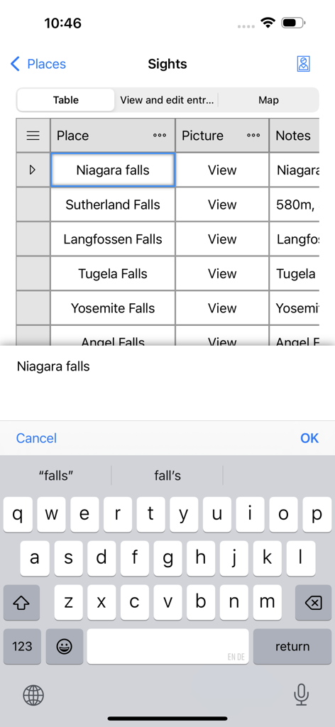 MobiDB Database - Application MobiDB Database montrant un tableau de sites touristiques et un clavier à l'écran pour la saisie des données