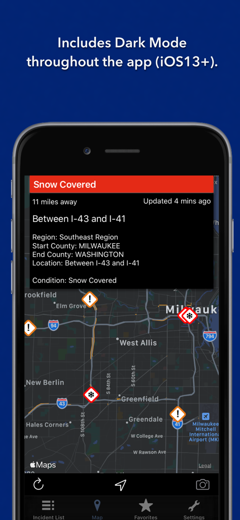 Wisconsin State Roads - Wisconsin State Roads app interface in dark mode showing a traffic map with snow-covered road alerts in Milwaukee.