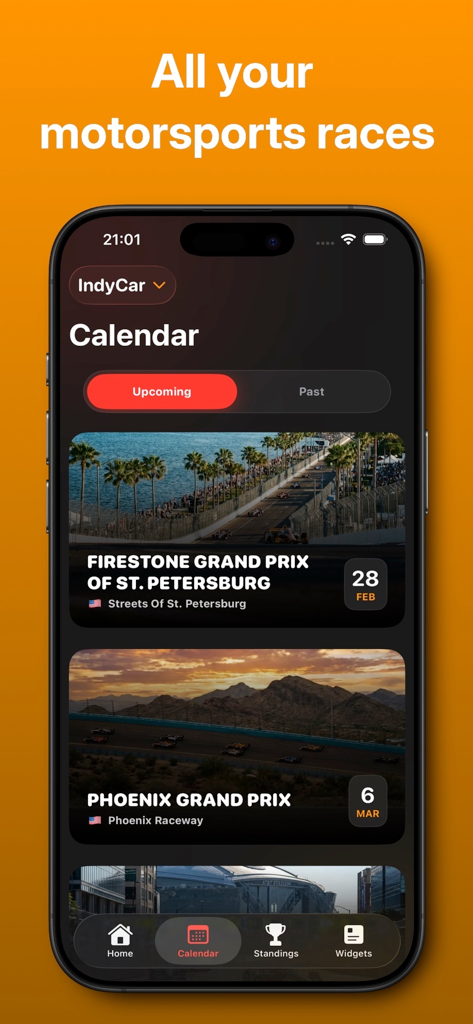 Apex Grid - Motorsport Widgets - Apex Grid app displaying the IndyCar race calendar with upcoming event dates