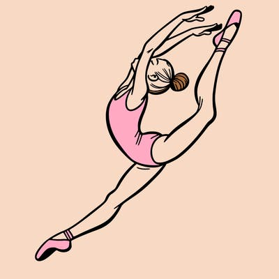 gymnast doing a leap in a leotard with a bent back leg