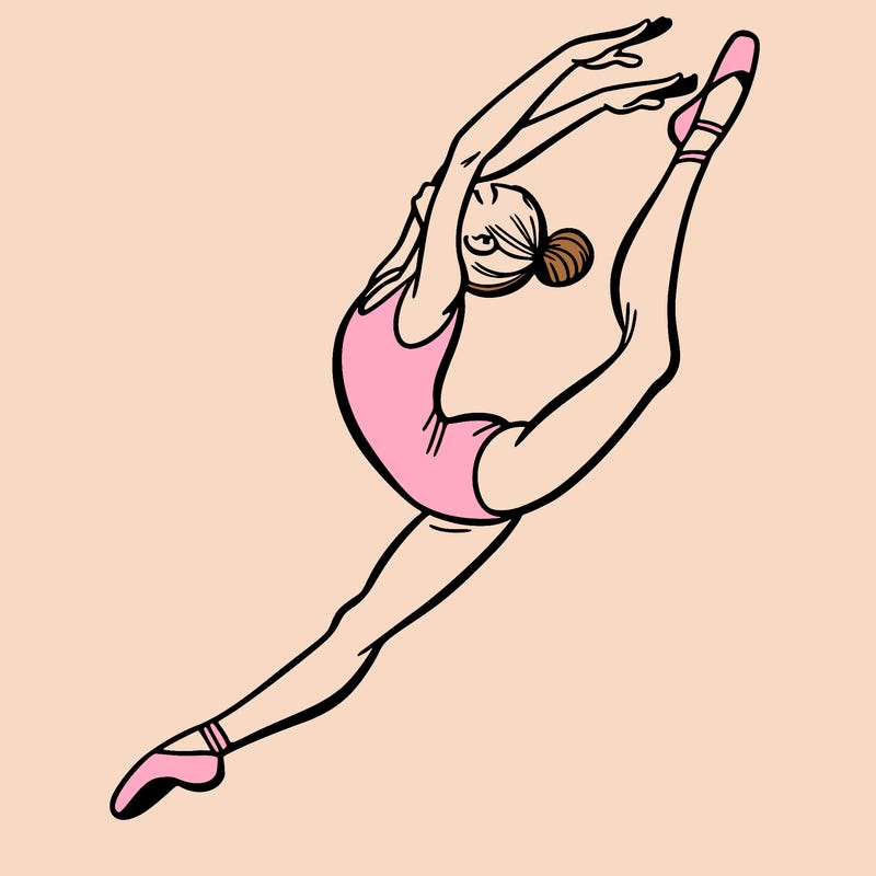 gymnast doing a leap in a leotard with a bent back leg