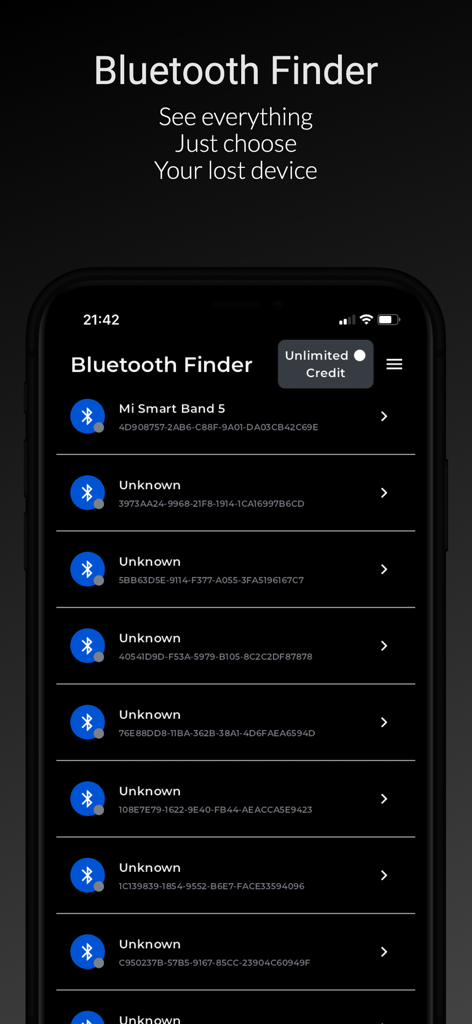 A list of discovered Bluetooth devices on the app scanner screen