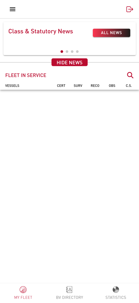 Interface of the MOVE Fleet In Service app showing the dashboard with maritime news and vessel management tabs.