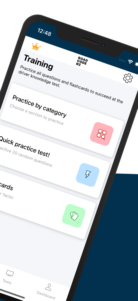 Road Code Driving Test NZ app training menu with practice tests and flashcards