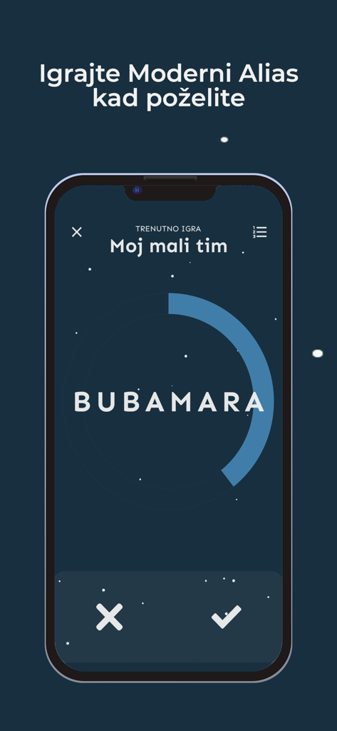 Moderni Alias - Moderni Alias mobile app interface showing a word guessing round with a team name and circular timer