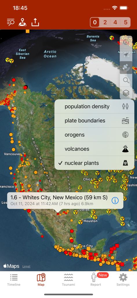 Earthquake - alerts and map - Earthquake app map view showing seismic activity and nuclear power plant locations across North America.