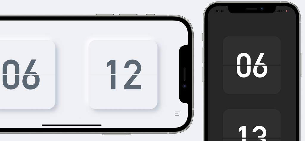 FlipClock plus app displayed on two iPhones in light landscape and dark portrait modes