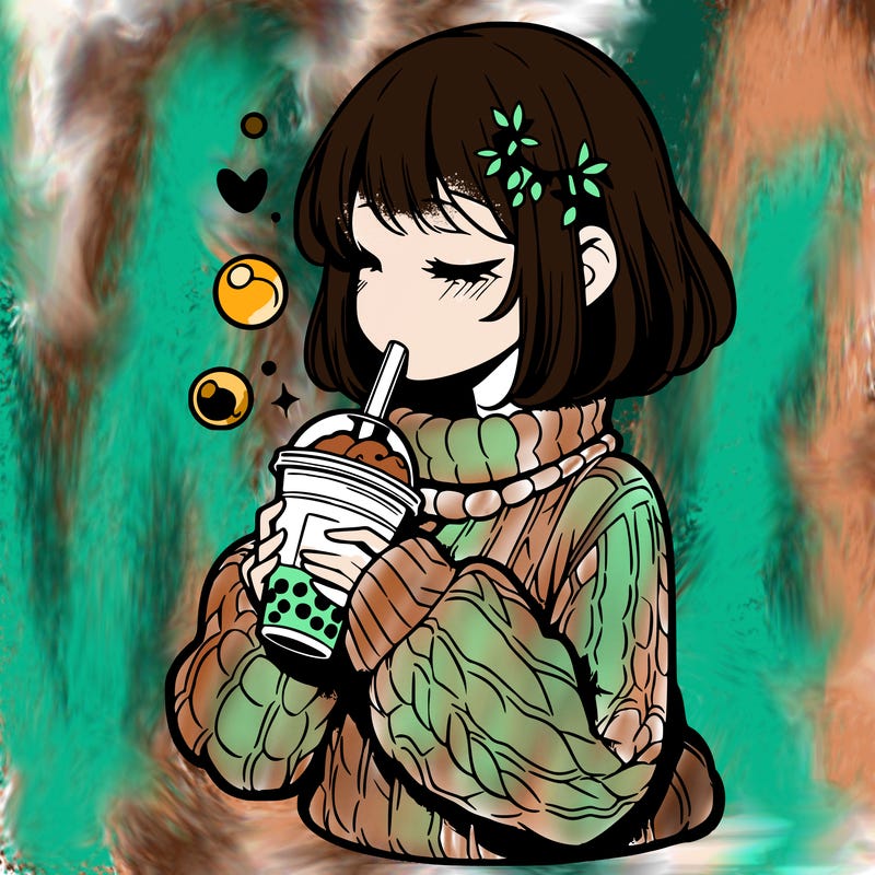 manga girl drinking boba in cozy sweater
