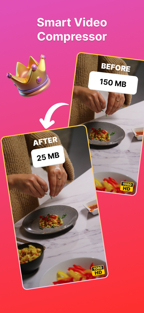 Compress Videos to Any Size - Infografik zeigt ein 150-MB-Video, das auf 25 MB komprimiert wurde, während die 1080p-HD-Qualität beibehalten wurde