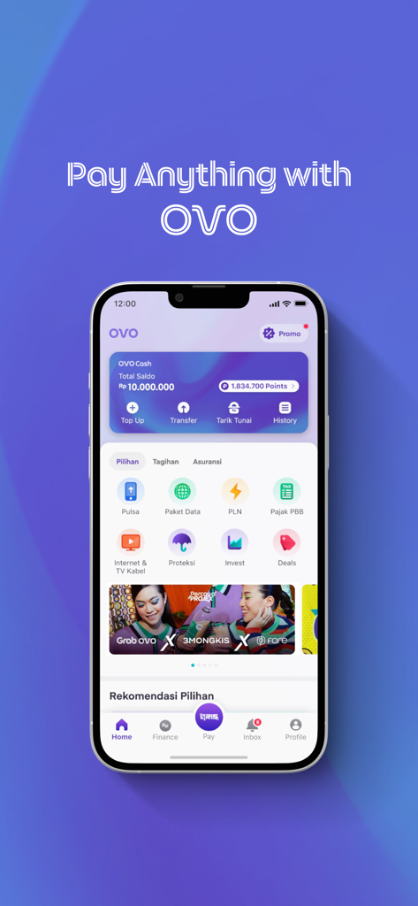OVO fintech app home screen showing digital wallet balance and payment services for Indonesian utilities and bills