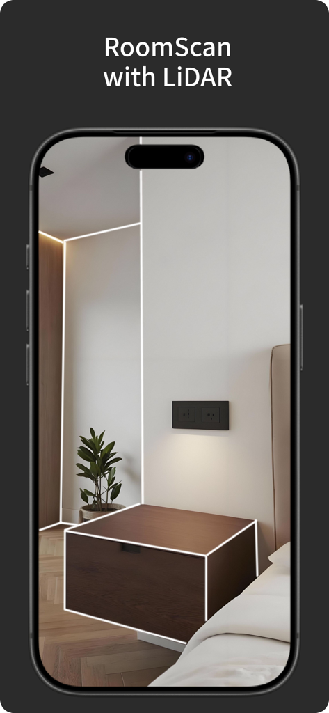 SketchFlow:  CAD Drawing - Interface do aplicativo SketchFlow mostrando RoomScan com LiDAR para medir um cômodo e móveis