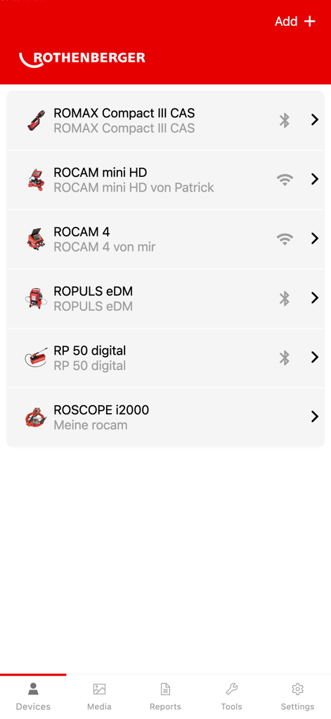 ROTHENBERGER - Lista de herramientas Rothenberger conectadas en la aplicación móvil