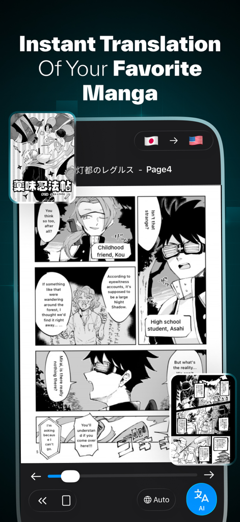 Manga Translator – Mangra - AI manga translator app showing Japanese to English translation on a manga page