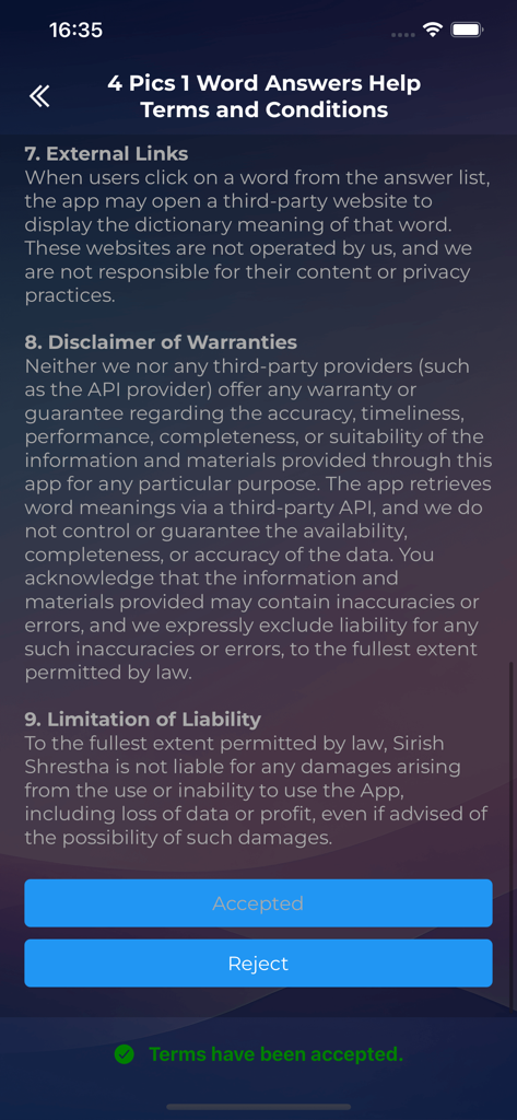 4 Pics 1 Word Answers Help - AGB-Bildschirm für die mobile App 4 Pics 1 Word Antworten Hilfe.