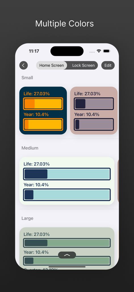 A collection of life progress widgets in various colors and sizes