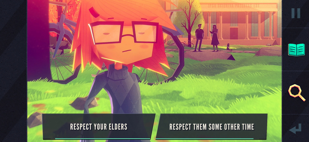 Personagem Jenny LeClue num cenário universitário desenhado à mão com botões de escolha narrativa.