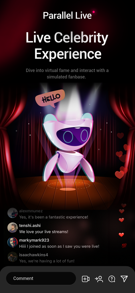 Uma captura de tela do aplicativo Parallel Live mostrando uma interface de transmissão ao vivo simulada com um palco virtual e comentários de fãs gerados por IA.
