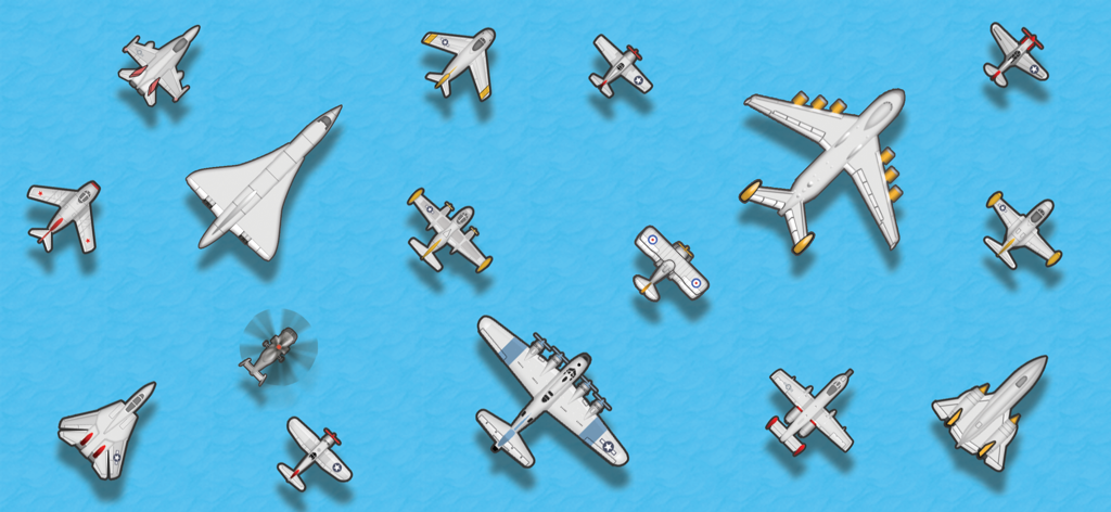 A top-down view of various military and civilian aircraft from the Planes Control game fleet