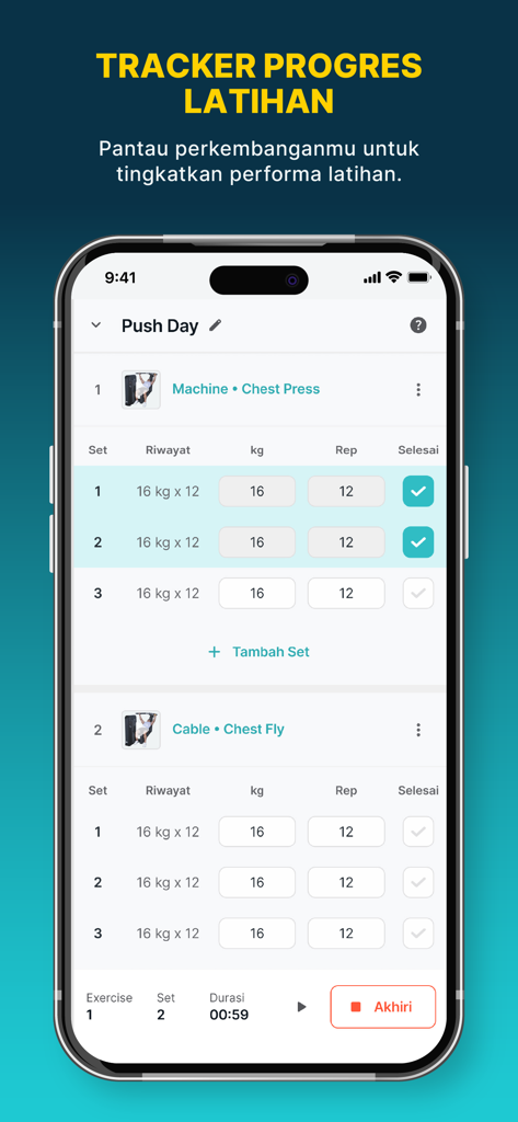 Interface of the FIT HUB app workout tracker showing sets weights and repetitions for chest exercises