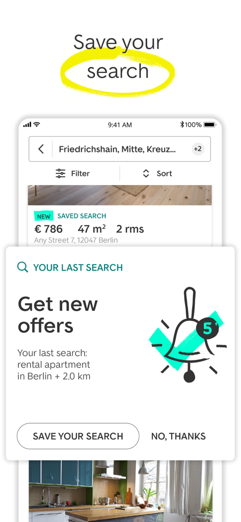 ImmoScout24 - Real Estate - Una pantalla de aplicación móvil de ImmoScout24 que pide a los usuarios que guarden su búsqueda de bienes raíces y reciban notificaciones de nuevas ofertas.