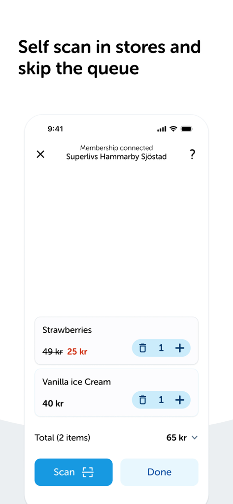 Swish payments app interface showing the self-scanning feature for in-store shopping