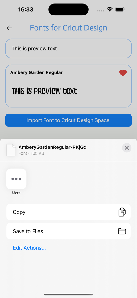 Fonts for Cricut Design - App screen showing a font preview for Ambery Garden and a button to import it into Cricut Design Space