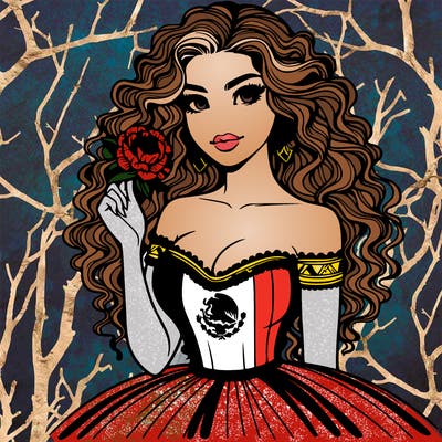 beautiful mexican wearing a dress with mexican flag on it curley hair curevey waist snatched holding a flower eyes open
