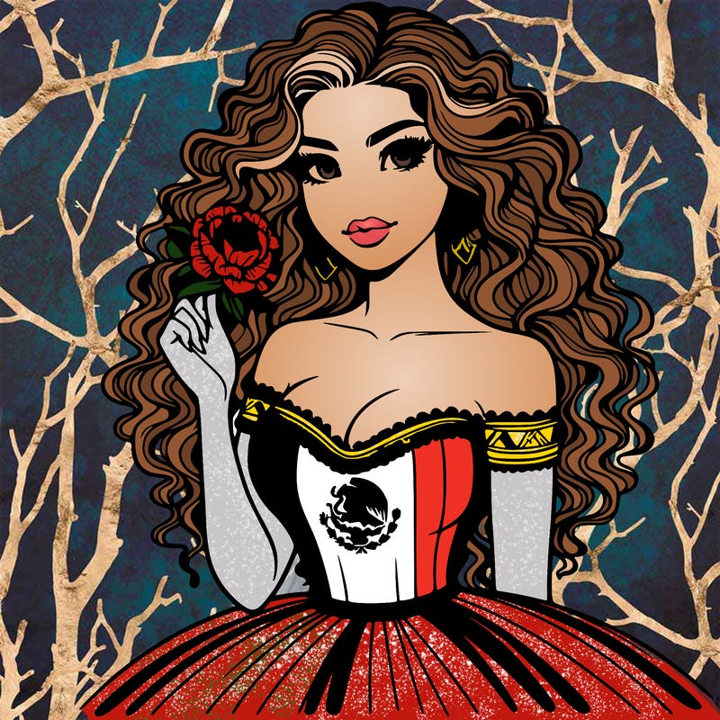 beautiful mexican wearing a dress with mexican flag on it curley hair curevey waist snatched holding a flower eyes open