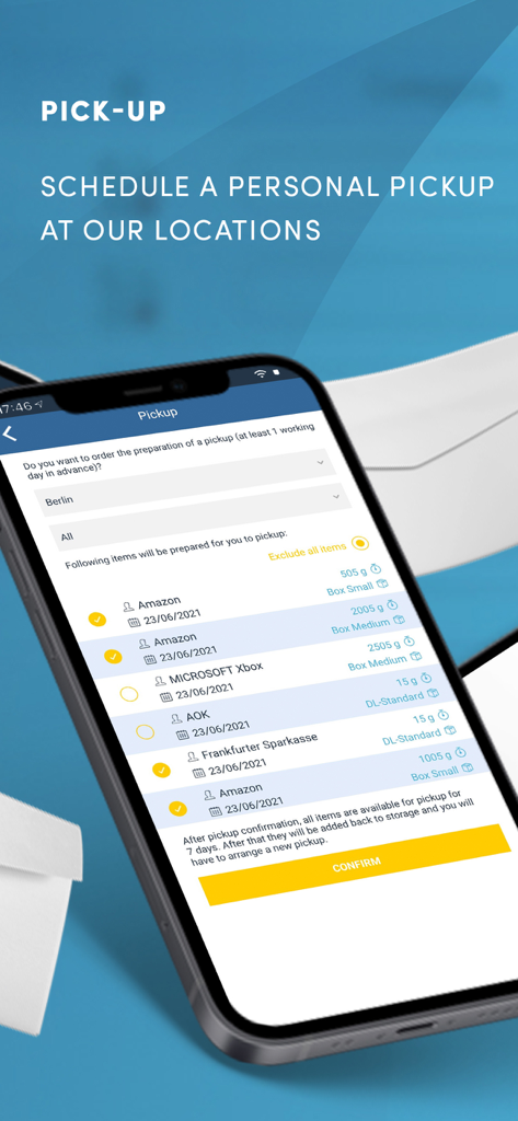 Interface of the ClevverMail app to schedule a personal mail and package pickup at a physical location