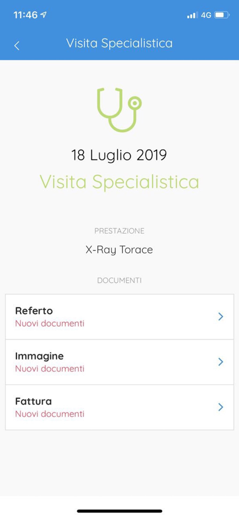Affidea Connect Italy - Schermata di un referto medico nell'app Affidea Connect Italy che mostra i dettagli di una visita specialistica e una radiografia del torace.