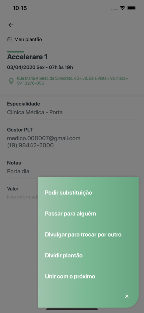 DoctorID App Bildschirm mit Schichttausch- und Verwaltungsoptionen für medizinisches Personal