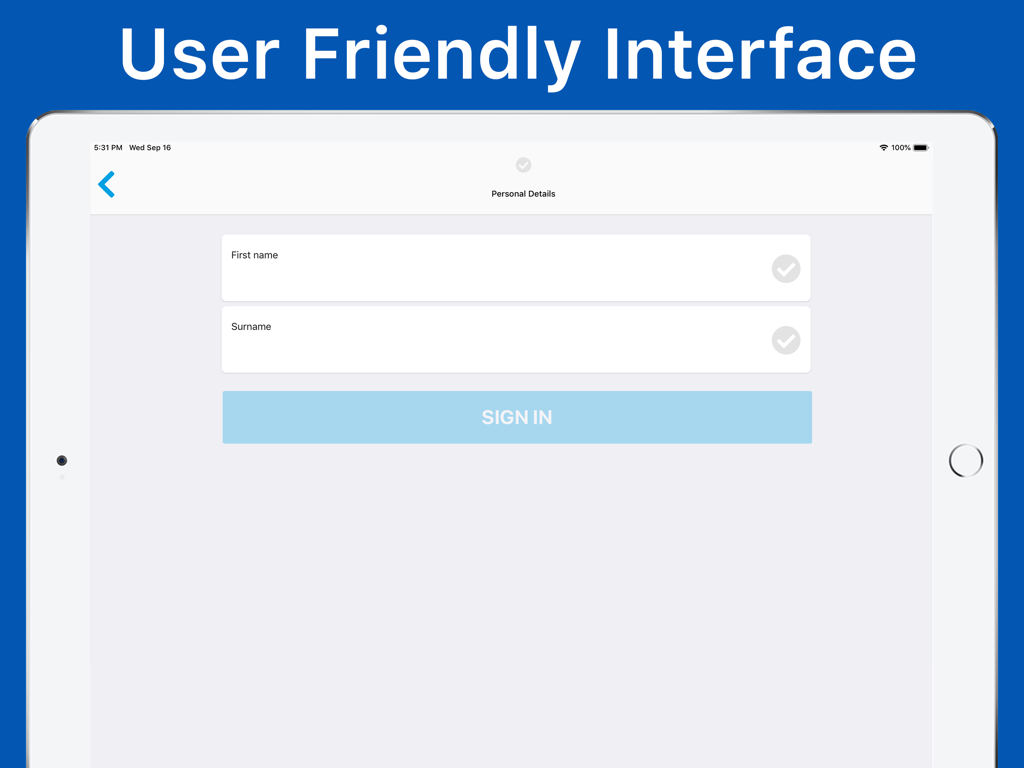 VisitUs for Tablets - Digitales Besucher-Anmeldeformular auf einem iPad mit Feldern für Vor- und Nachnamen.