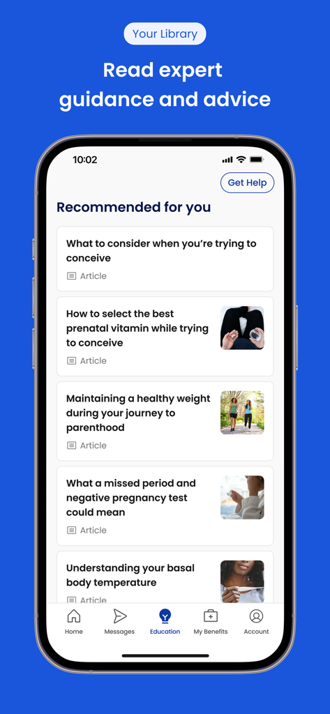 Progyny - The Progyny app Education screen showing a library of expert articles on fertility and health guidance for members.