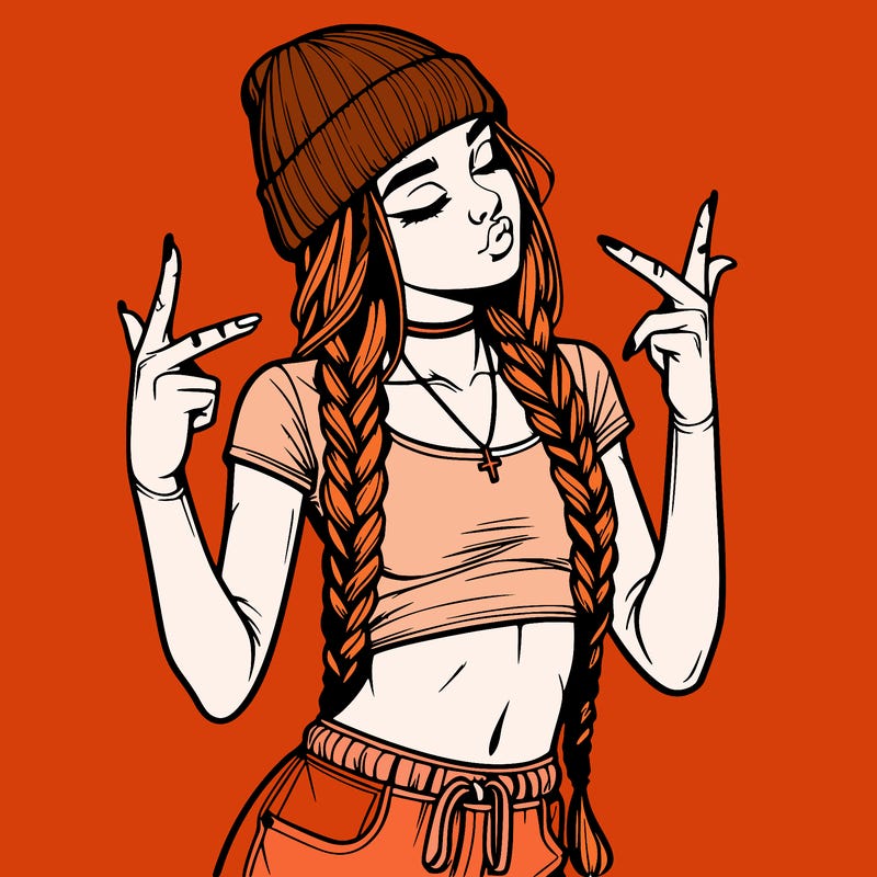 realistic teenage girl with braids and a beanie and crop top doing 🫶🏼