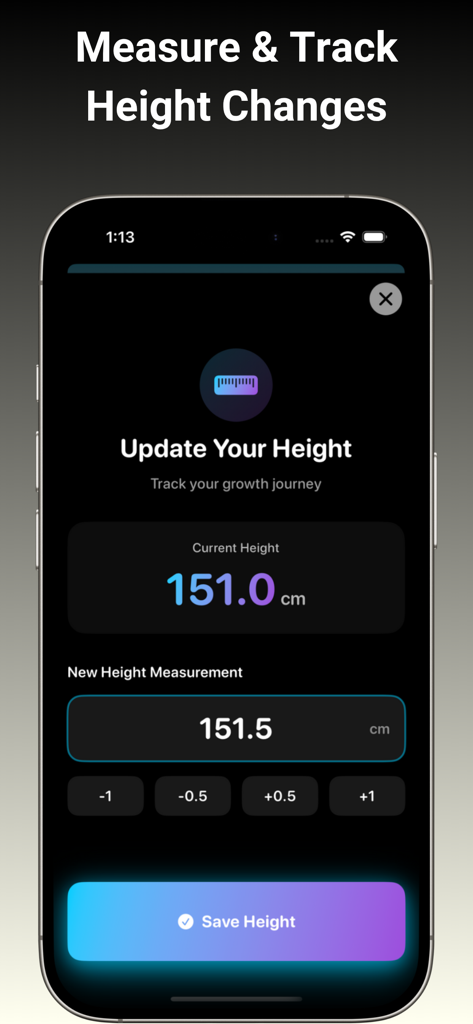 GenTallアプリのインターフェース。センチメートル単位での身長測定値の更新と追跡用。